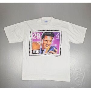 Vintage Elvis Presley Postage Stamp T-Shirt Mens Large White 1992 Rock Tee
